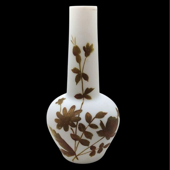 Vintage White Satin Opaline Hand Blown Glass Vase Painted Gold Floral Design - Picture 1 of 7